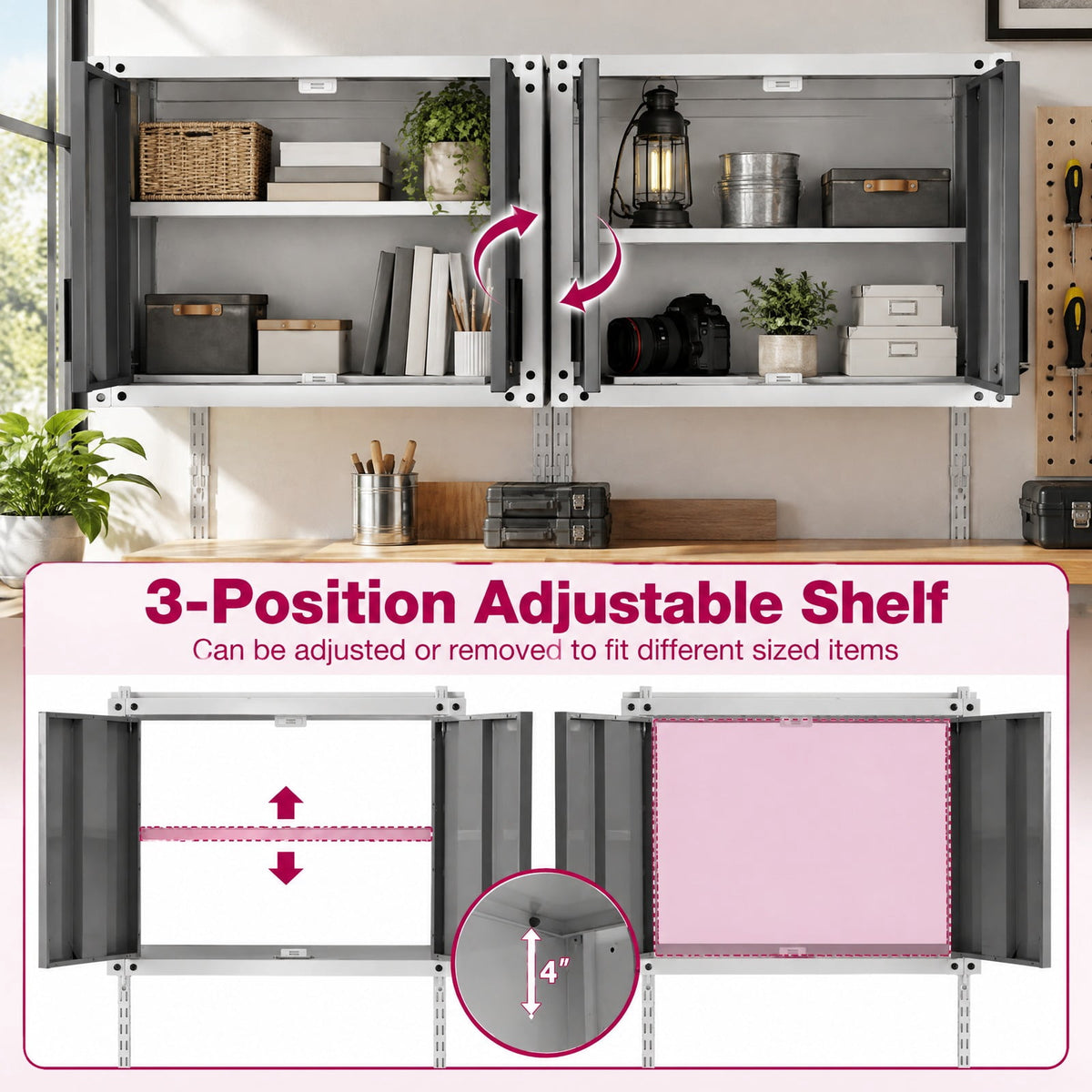 Airfind Metal Wall Cabinet with Lock and 3 Adjustable Shelves, 55 lbs Capacity, Metal Frame, 28.5in x 14in x 47in Footprint, Gray and White