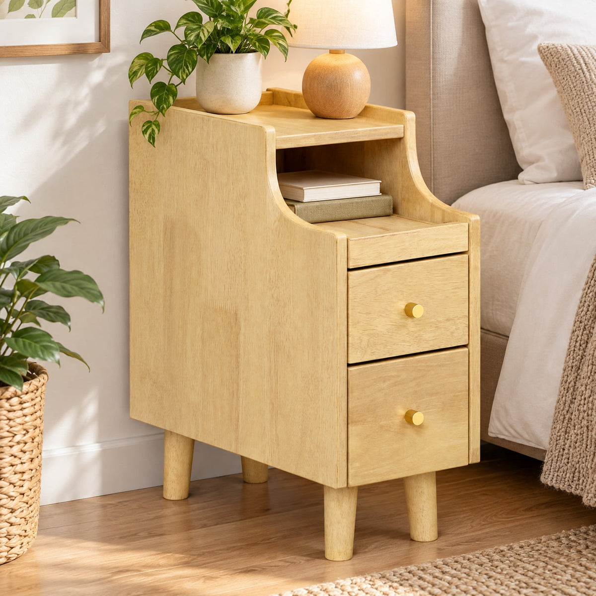 Airfind Solid Wood Night Side Table Narrow Bedside Table Nightstand with Pull-out Tray and 2 Storage Drawers, 55 lbs Capacity, Natural