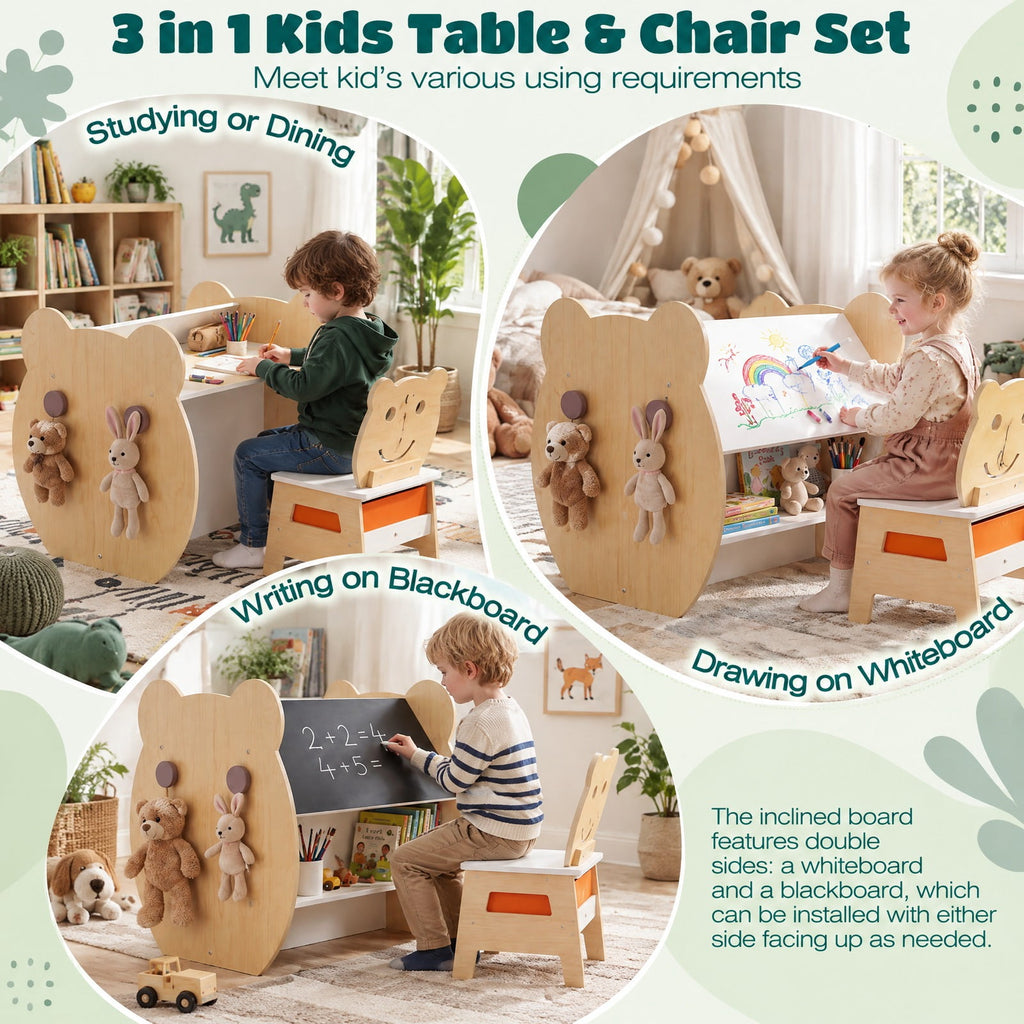Airfind 3-in-1 Kids Art Table and Chair with Storage and Reversible Whiteboard Chalkboard for Ages 3-10 Years Old, 110 lbs Capacity, White