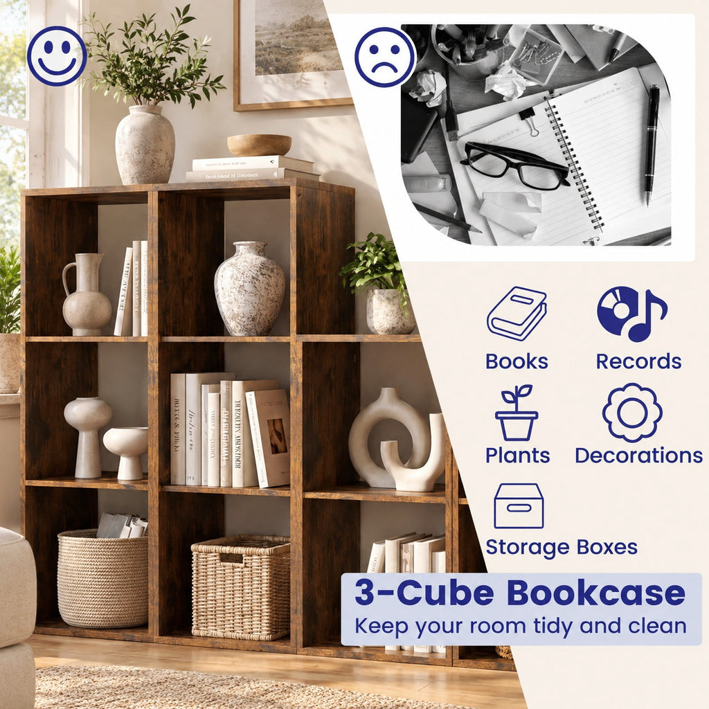 Airfind 3 Cube Bookshelf with Back Guardrail for Living Room Bedroom, Engineered Wood Frame, 14 Inch x 13 Inch x 41 Inch Depth of Bottom Shelf 12 Inch Footprint