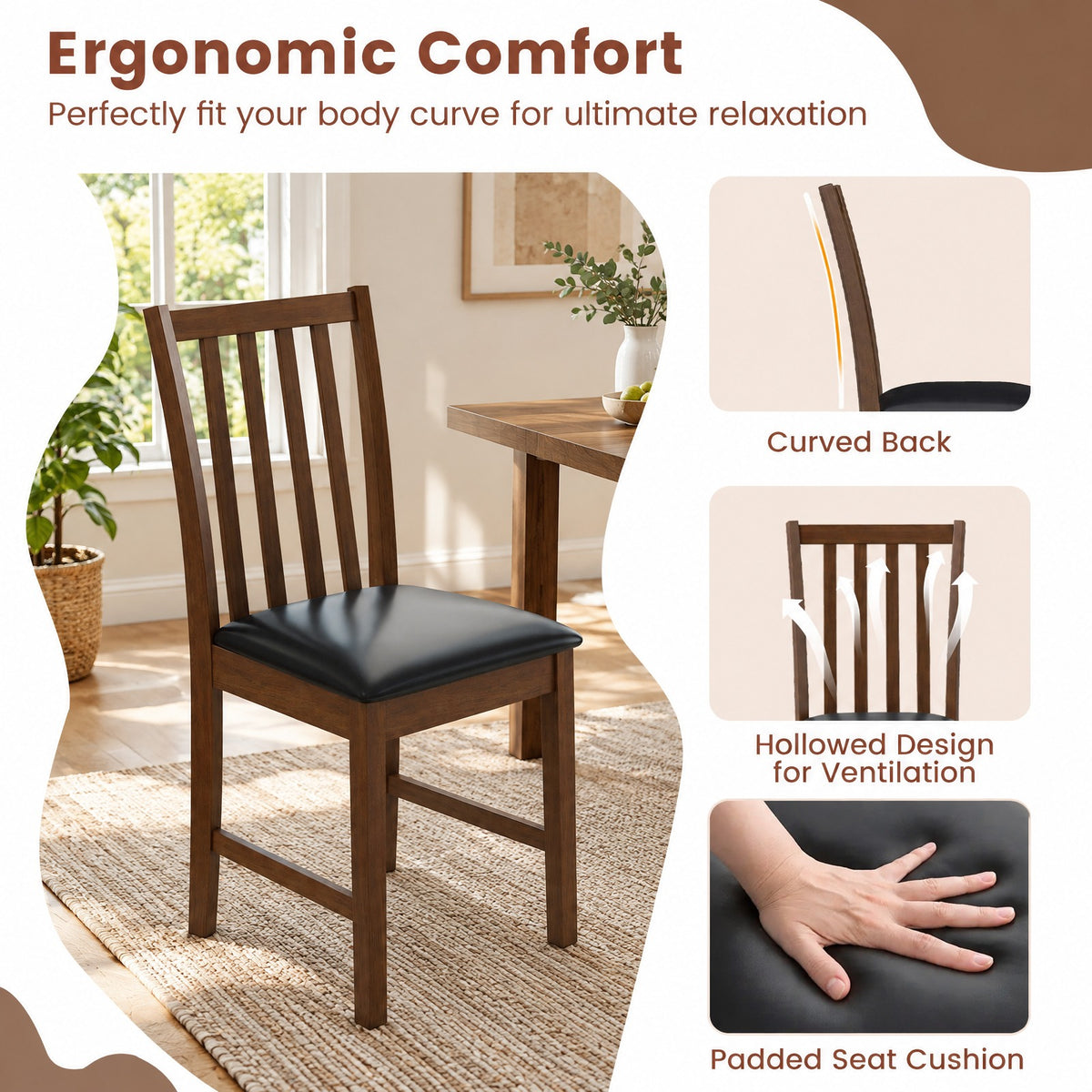 Airfind Wooden Dining Chair Set of 2 with Rubber Wood Frame and Padded Seat, Chair 330 lbs Capacity, Rubber Wood MDF Sponge PVC Leather Frame, Brown