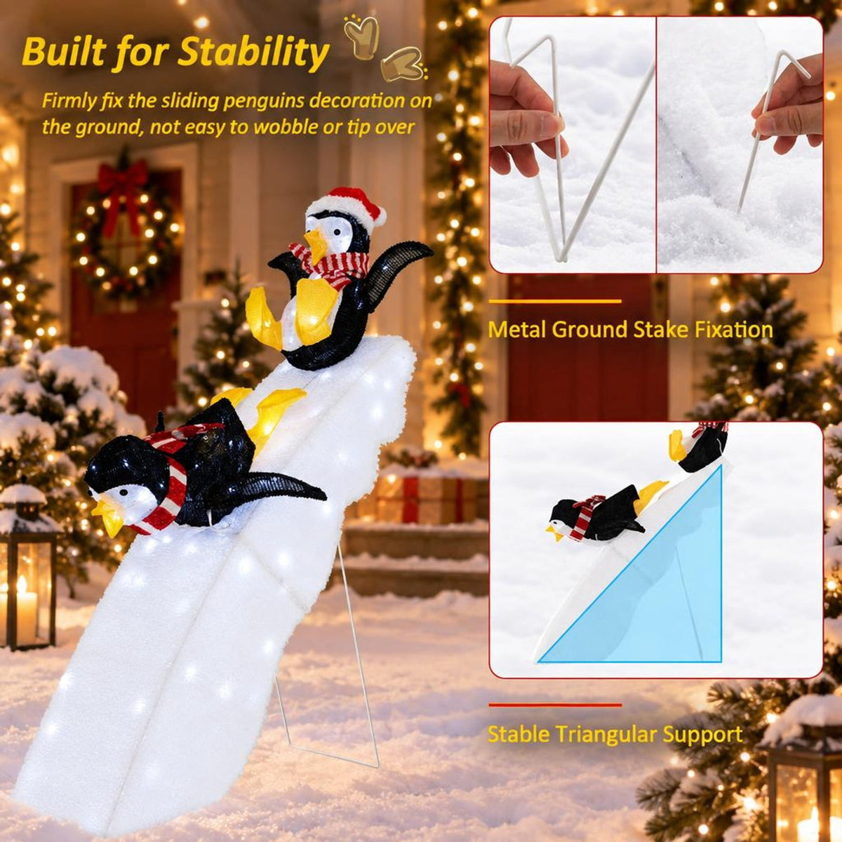 Airfind 4 Feet Christmas Penguin Ice Skating Decor with Snowy Slide, Tinsel Fabric Plush Fabric Metal Frame, Black+White+Yellow