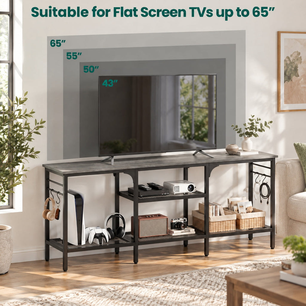 Airfind TV Stand, for TVs up to 65 Inch with 3-Tier Open Shelves and 4 Hooks, 685 lbs Capacity, Engineered Wood Metal Frame, Oak