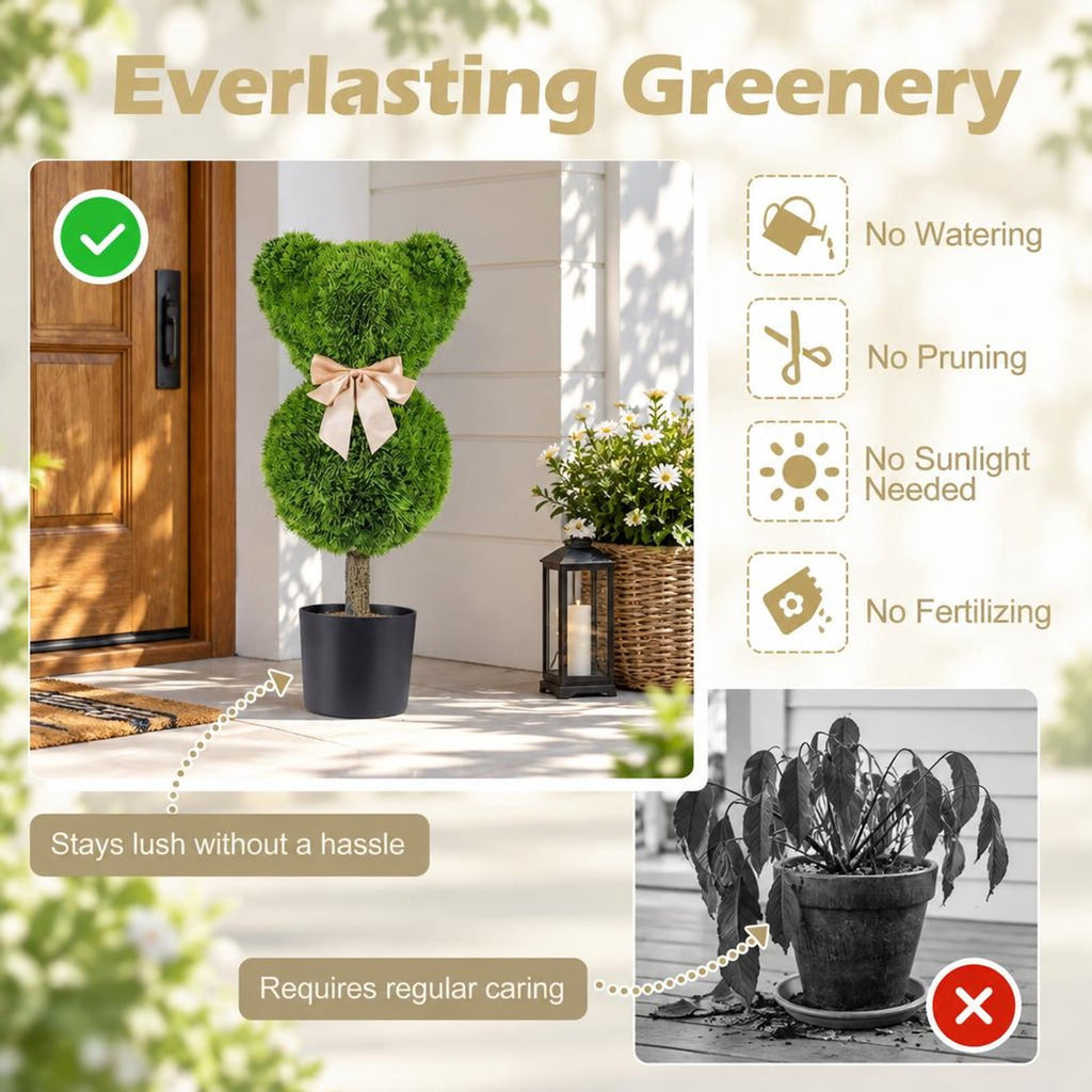 Airfind 2 Pieces Bear Topiary Trees with Pots Sun-resistant Bear, PE PP Cement Frame, 10 Inch x 9 Inch x 24.5 Inch Pot Footprint, Green + Golden