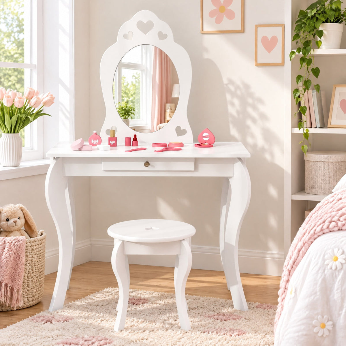 Airfind Kids Princess Makeup Dressing Play Table Set with Mirror, 33 lbs Capacity, MDF pine Frame, 27.5 Inch x 13.5 Inch x 41.5 Inch Footprint, White