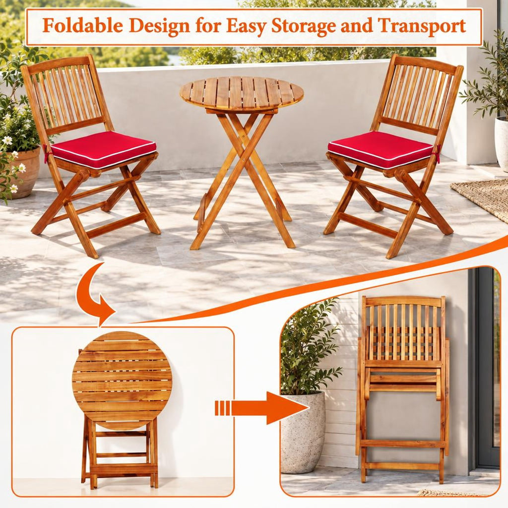 Airfind 3 Pieces Patio Folding Bistro Set with Padded Cushion and Round Coffee Table, 360 lbs Capacity, Acacia wood Frame, Red