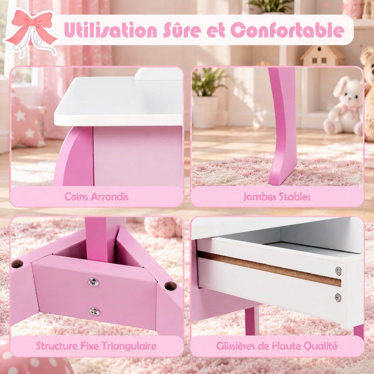 Airfind Kids Wooden Makeup Dressing Table and Chair Set with Mirror and Drawer, MDF Frame, 19 Inch x 14 Inch x 35 Inch Footprint, Pink