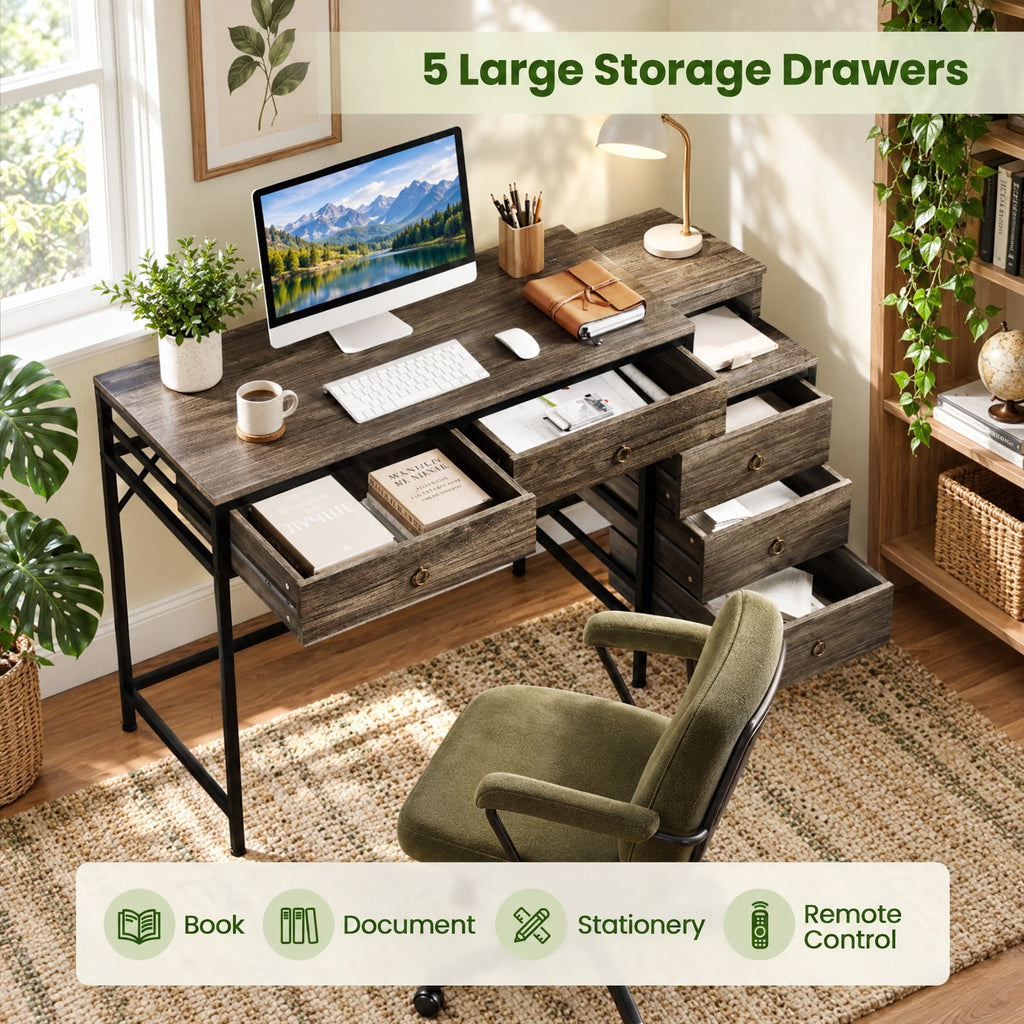 Airfind Computer Desk with 5 Drawers Home Office Desk with Side File Cabinet, 380 lbs Capacity, Engineered Wood Metal MDF Frame, Grey