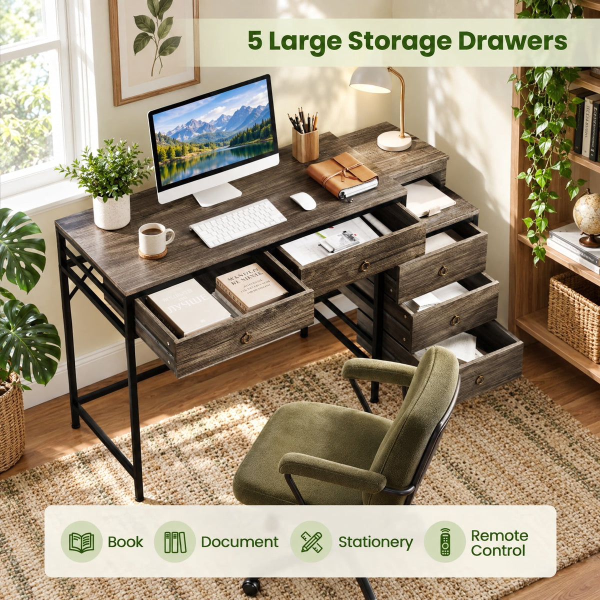 Airfind Computer Desk with 5 Drawers Home Office Desk with Side File Cabinet, 380 lbs Capacity, Engineered Wood Metal MDF Frame, Grey