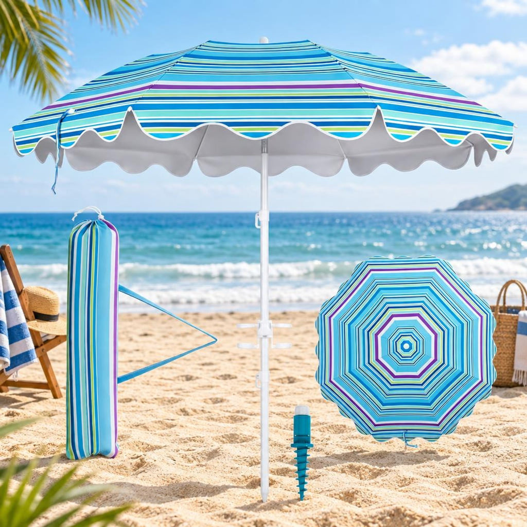 Airfind 6.5 FT Beach Umbrella UPF 50+ with Sand Anchor for Garden Pool Backyard, Polyester Fabric Metal Aluminum Alloy PP Frame, Blue Stripe