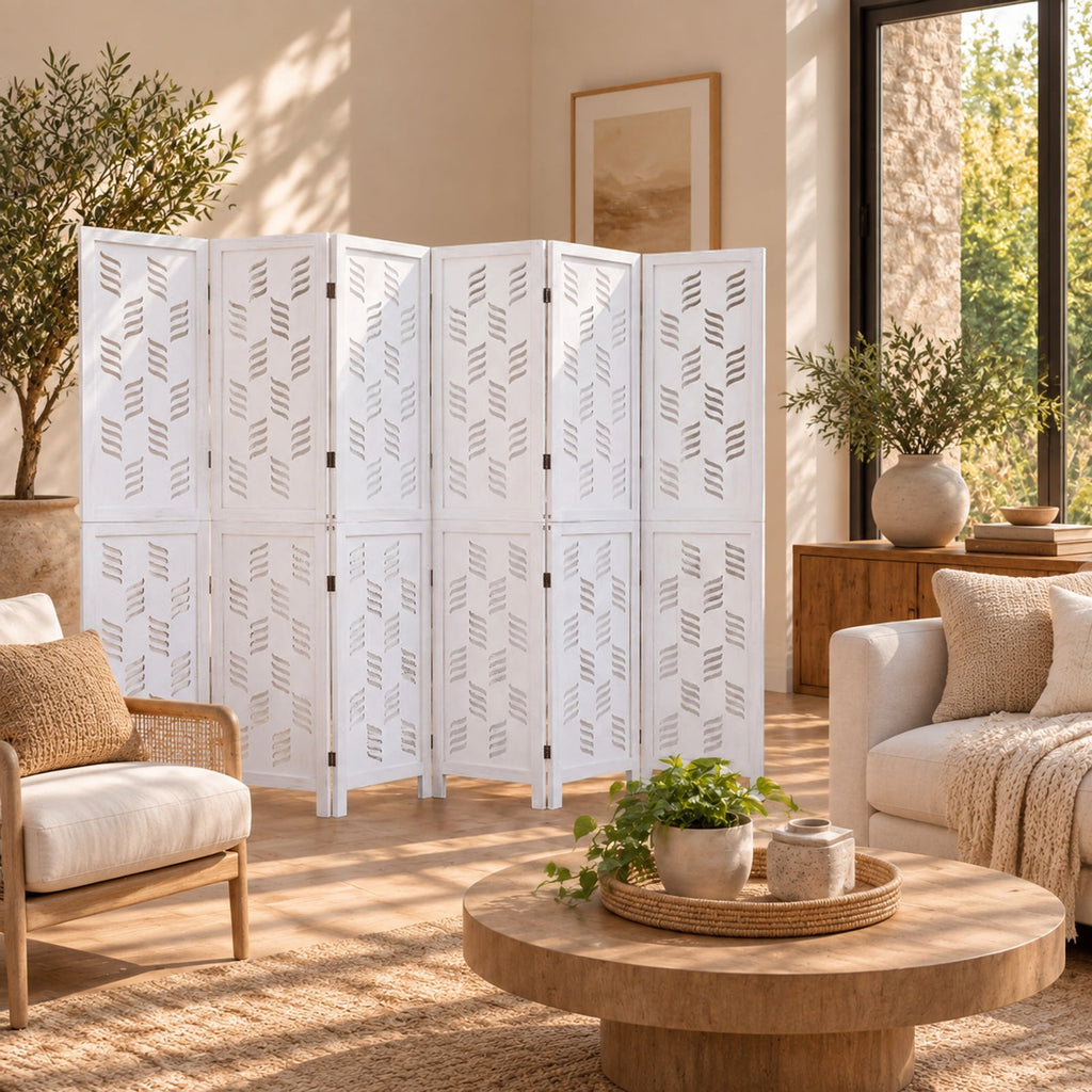 Airfind 5.5 FT Tall Room Divider 6 Panels with Wave Cutout and Paulownia Frame for Room, Paulownia Wood Metal Frame, 95in x 67in Footprint, White