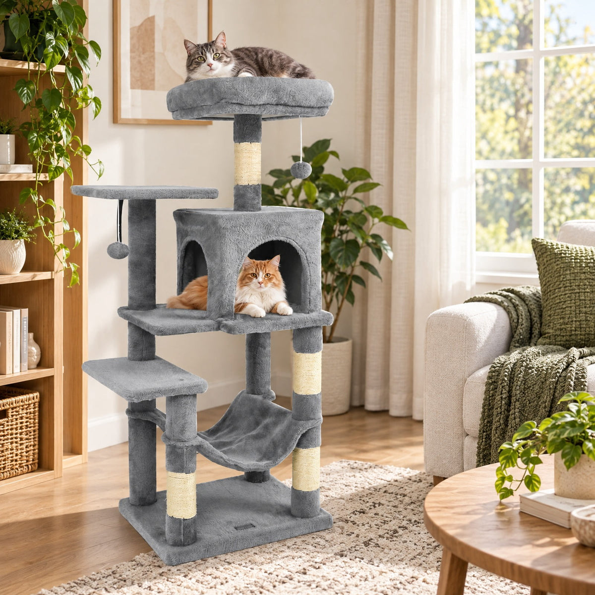 Airfind Multi-Level Cat Tower with 2-Door Condo and Padded Top Perch, PP Cotton Fabric Sisal Engineered Wood Overall Height 44 Base Frame