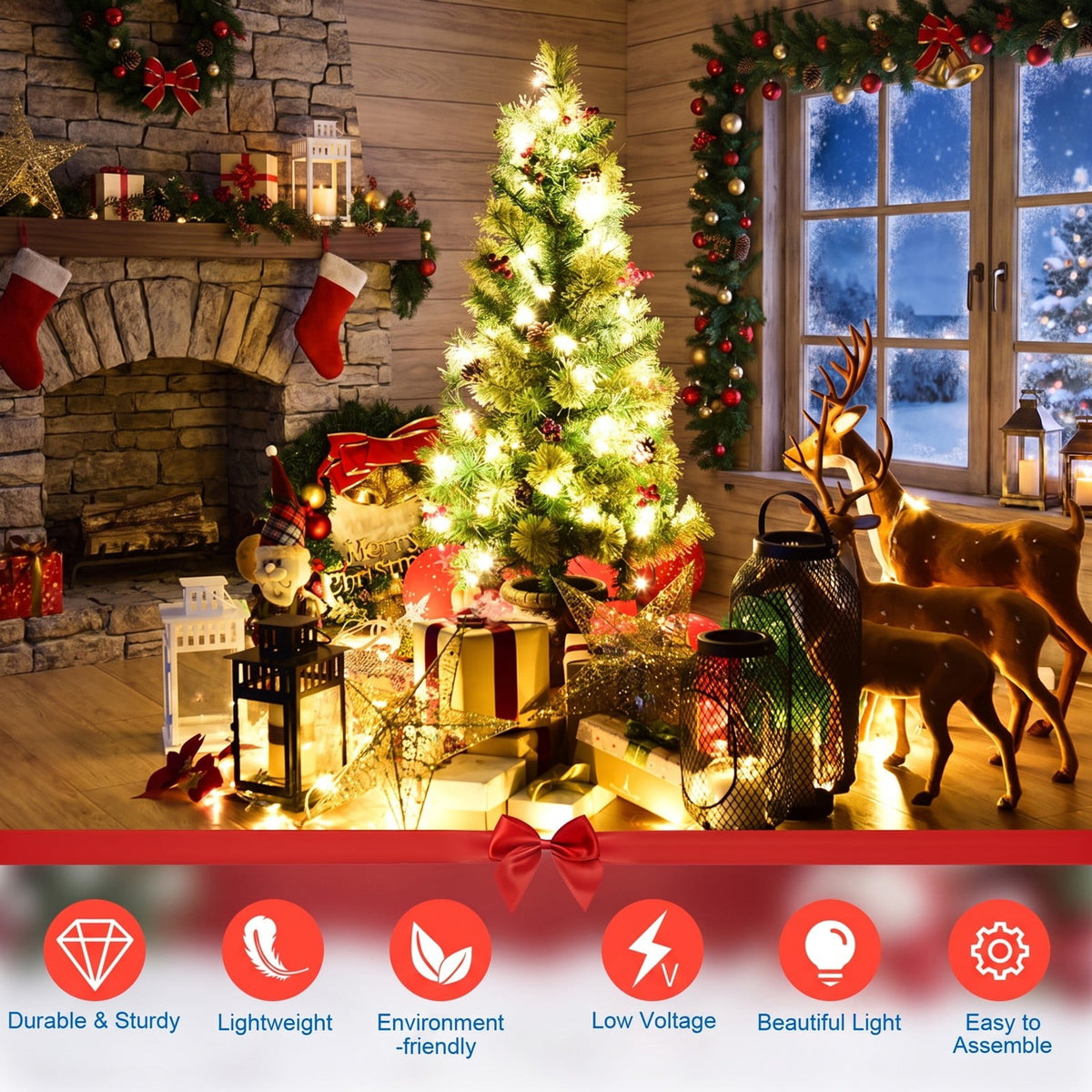 Airfind LED Christmas Tree with Red Berries Pine Cones-3, PVC Metal Cement Tree Height 3 ft 4 ft 5 ft Tree Width 15 22 26 Frame, Red