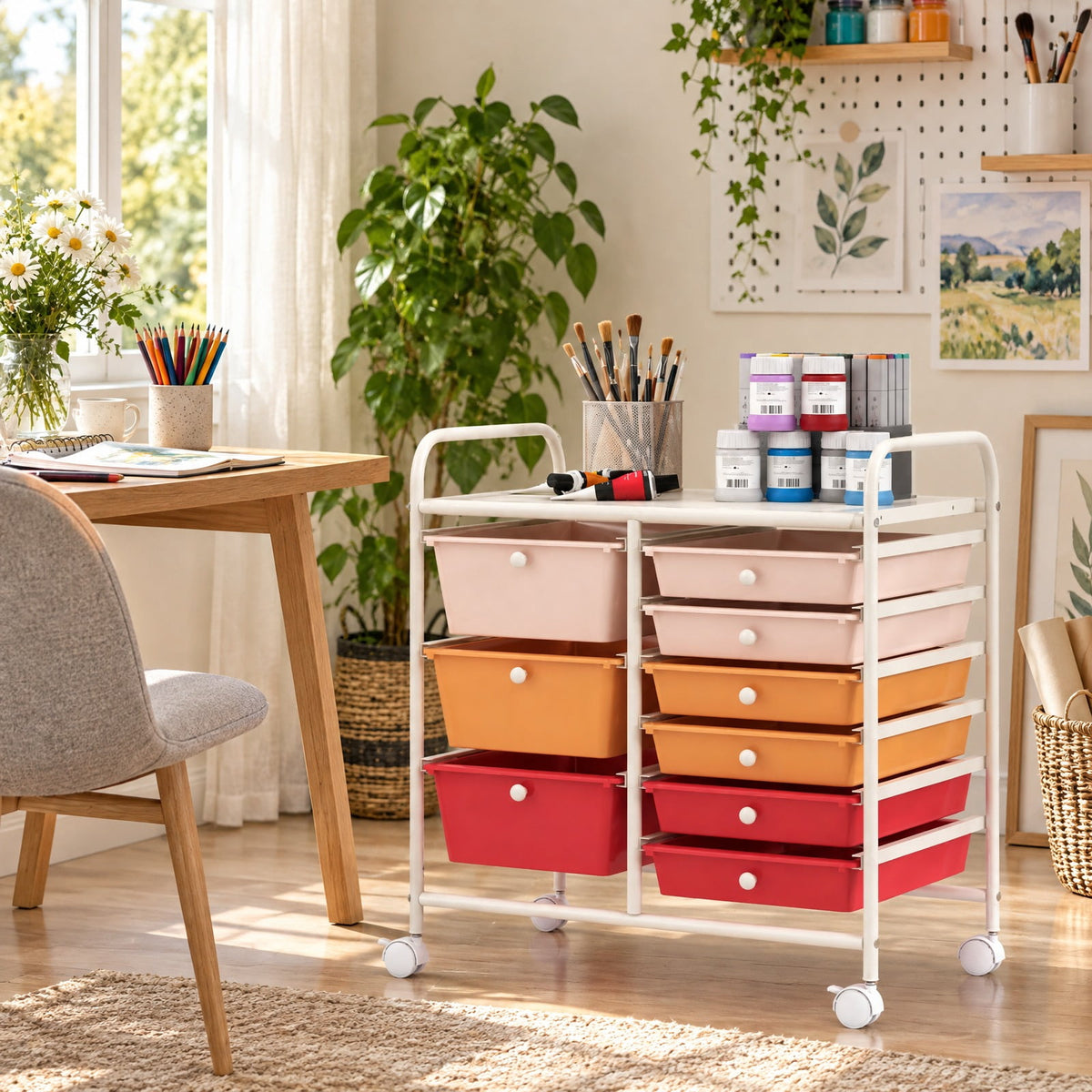 Airfind 9-Drawer Rolling Storage Cart with Colorful Drawers and Metal Frame, Metal Frame, 25 Inch x 14.5 Inch x 24.5 Inch (L x W x H) Large Drawer Footprint