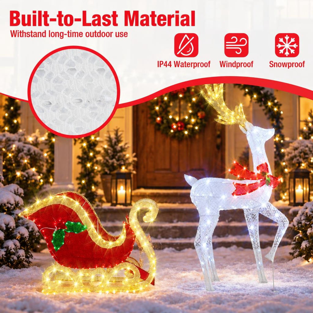 Airfind LED Lighted Christmas Reindeer and Santas Sleigh, Mesh Fabric PVC Metal Frame, 31in x 12in x 5.4 ft Footprint, White Red Green
