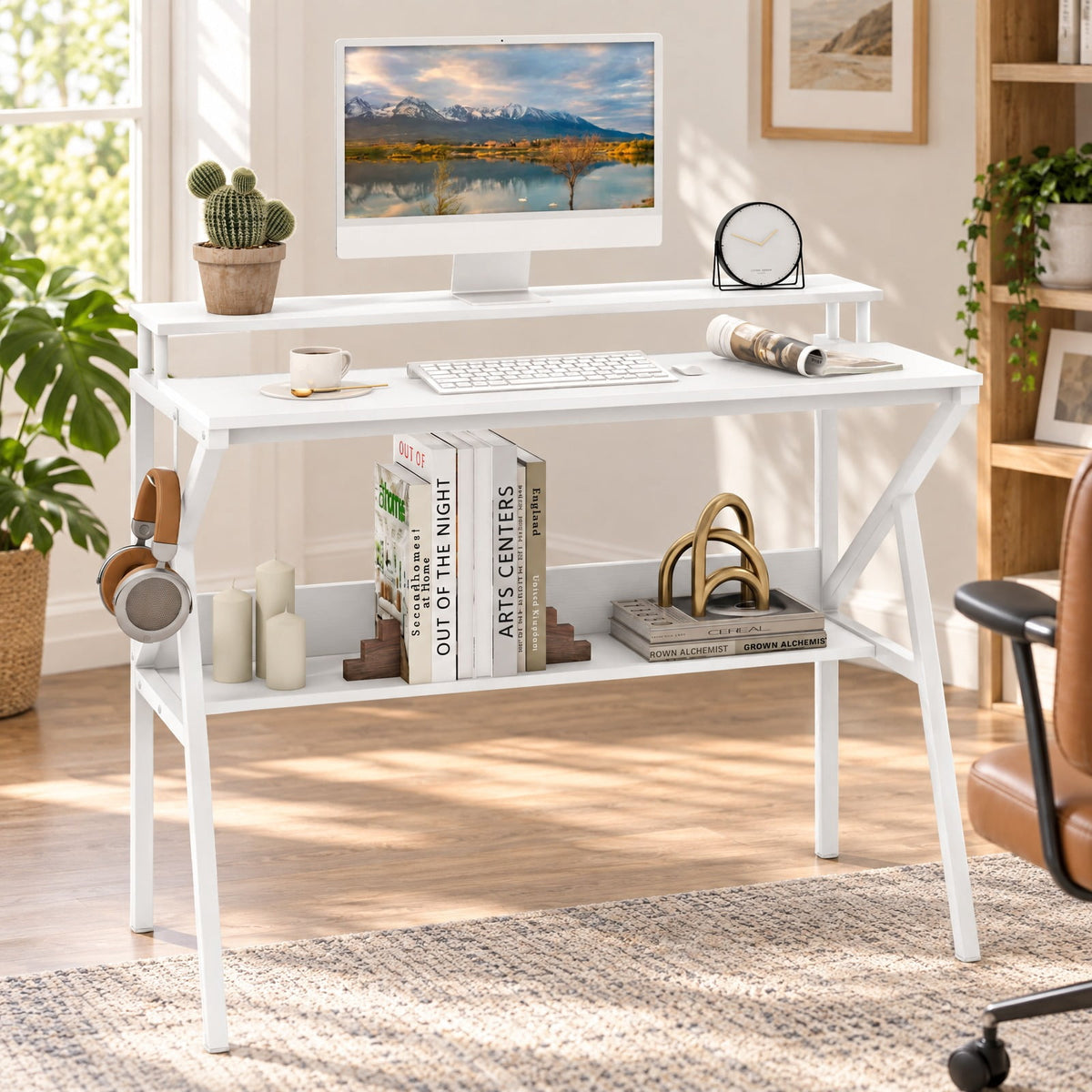 Airfind Space Saving Computer Desk with Monitor Stand and Extra Storage Shelf for Work Study, 200 lbs Capacity, Engineered Wood Metal Frame, White