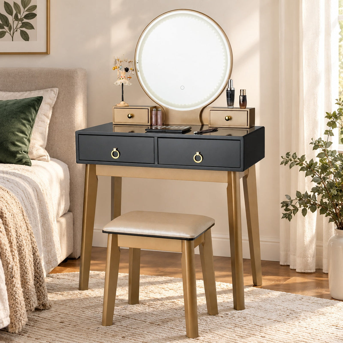 Airfind Makeup Vanity Table Set 3 Color Lighting Dressing Table, 7in x 3.5in x 3in (L x W x H) Big drawer Footprint, Black