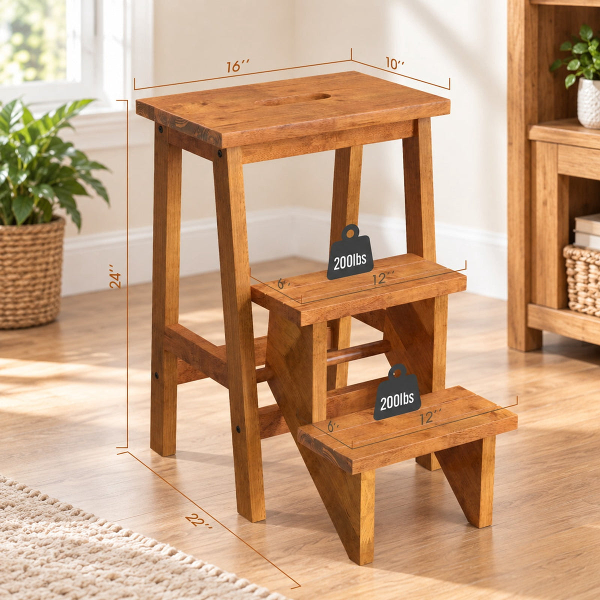 Airfind 3-in-1 Rubber Wood Step Stool with Convenient Handle, Rubber wood Frame, 22 x 16 x 24 Footprint, Coffee