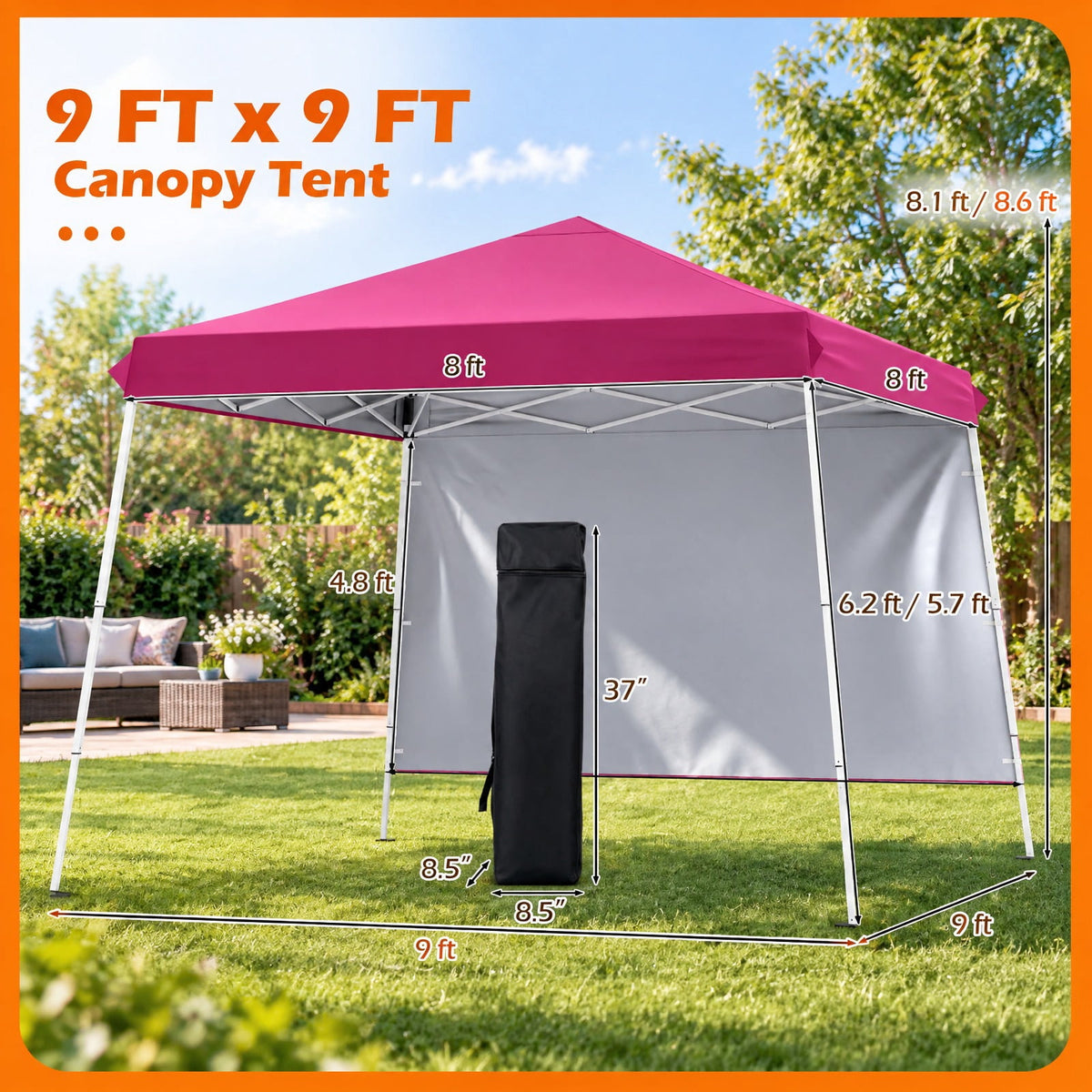 Airfind 9 ft x 9 ft Pop Up Canopy Tent with 8 Ground Stakes 4 Wind Ropes and Carry Bag for Outdoor Party, Metal Oxford Cloth PP Frame, Pink