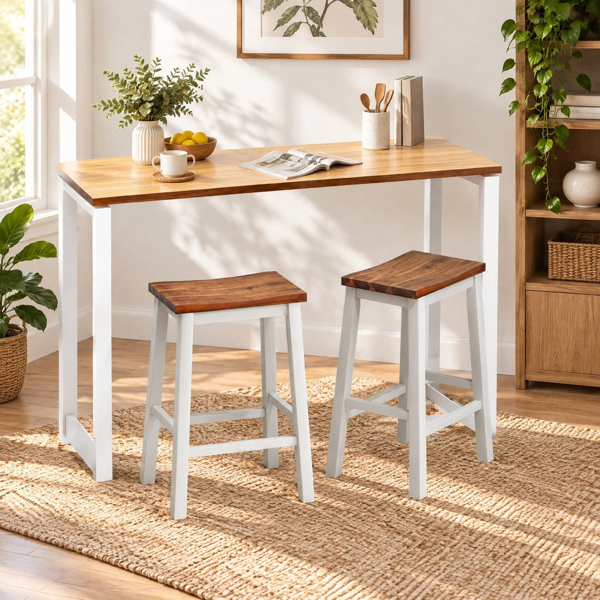 Airfind 24.5-Inch Set of 2 Saddle Stools Bar Stools with Footrests for Kitchen Island-Walnut and Gray, 350 lbs Capacity, Rubber Wood Acacia Wood Frame