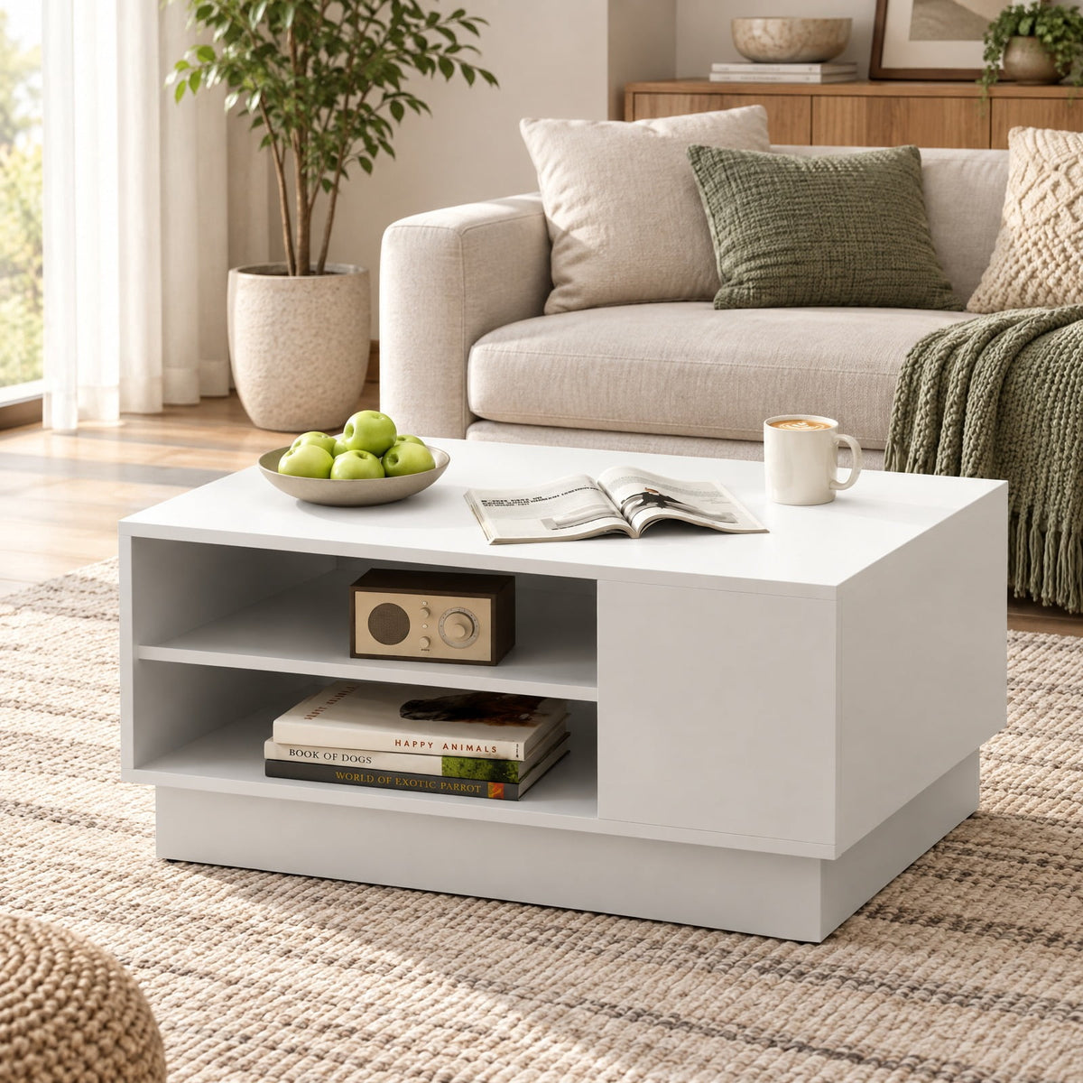 Airfind Modern Coffee Table with 2-Tier Open Storage Shelves, 132 lbs Capacity, Engineered Wood Frame, 34 x 22 x 16 Footprint, White