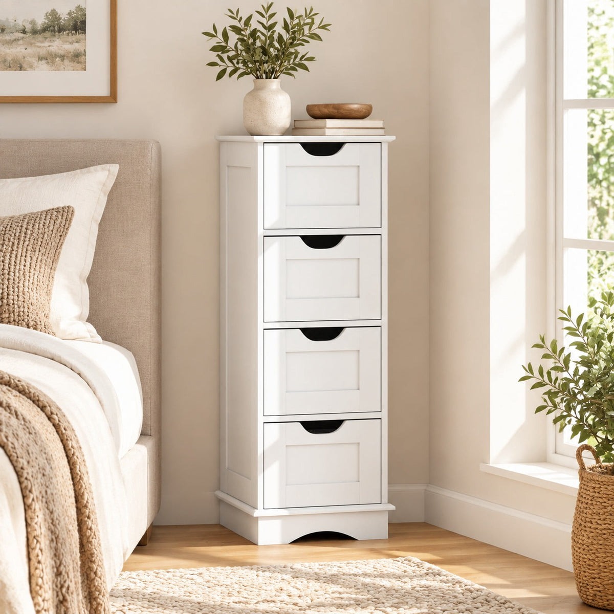 Airfind Bathroom Storage Cabinet featuring Cutout Handles and 4 Drawers, 33 lbs Capacity, MDF Frame, 12 Inch x 12 Inch x 32 Inch Footprint, White