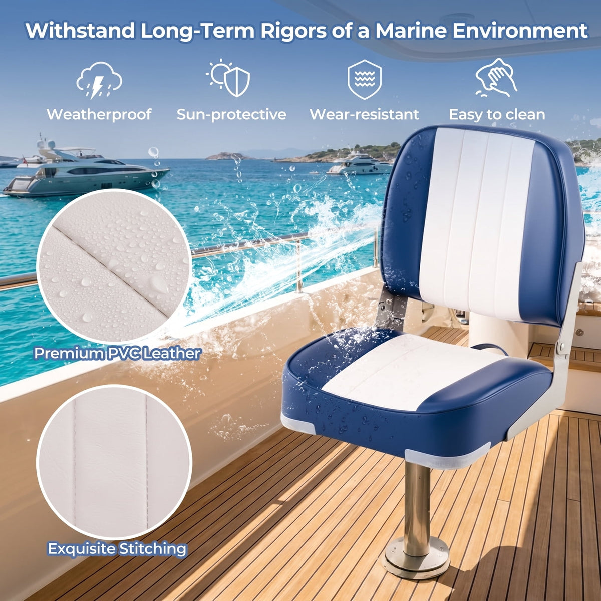 Airfind 2-Pack Folding Low-Back Boat Seats for Fishing Boat, Pontoon Runabout ¡ª Marine PVC Leather, Aluminum Hinges, 5 x 5 Bolt Pattern, 330 lb Rated (Blue White)