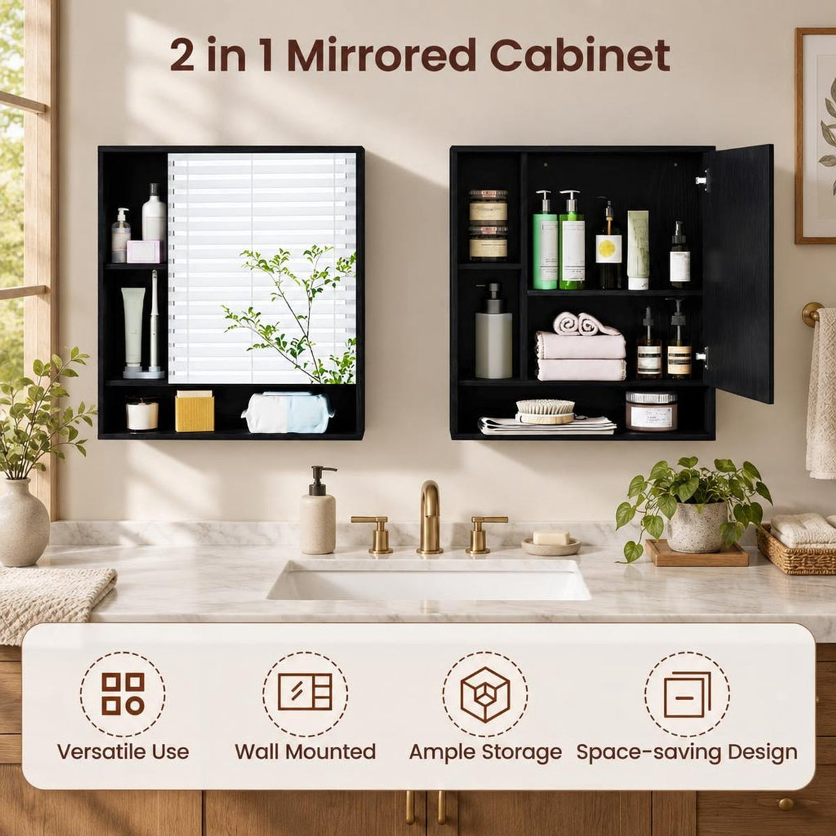 Airfind Wall Mounted Bathroom Cabinet with Mirror Single Door, 176 lbs Capacity, Glass MDF Engineered Wood Frame, 21.5 Inch x 6.5 Inch x 24 Inch Footprint