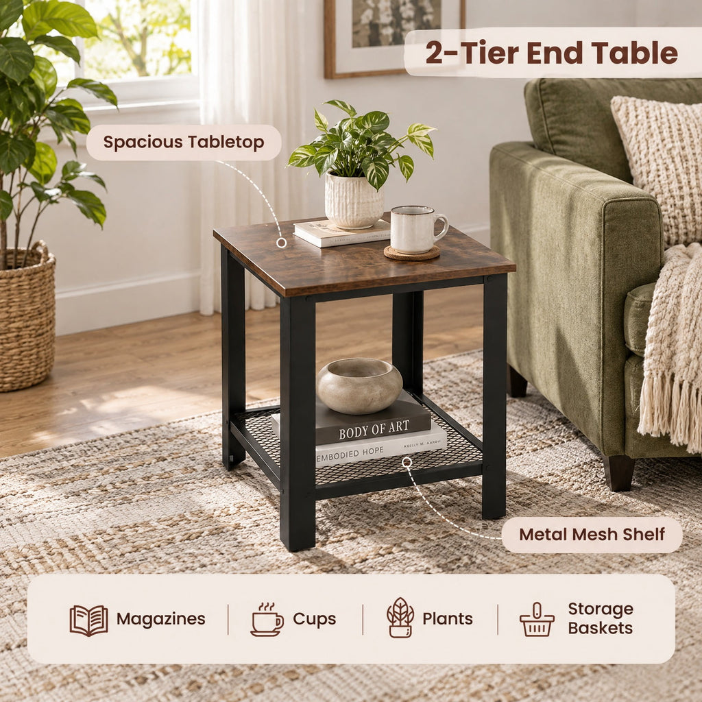 Airfind Industrial End Table 2-Tier Side Table, 55 lbs Capacity, Wood iron, 16 Inch x 16 Inch x 18 Inch (L x W x H) Product weight: 12 lbs, Black