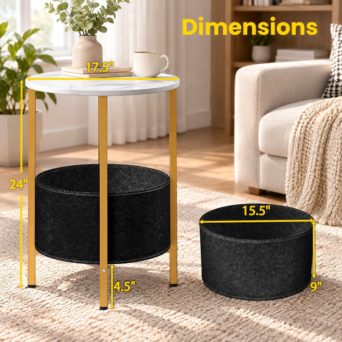 Airfind Round End Table 2-Tier Side Table with Removable Fabric Basket and Metal Frame, 44 lbs Capacity, Metal Engineered Wood Felt Frame, White