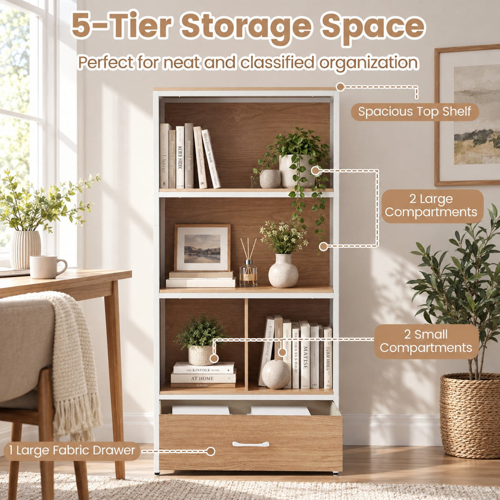 Airfind 56in Tall Freestanding Bookcase with Drawer 5 Tier, 44 lbs Capacity, Engineered Wood Metal Frame, 27in x 12in x 56in Footprint, Natural