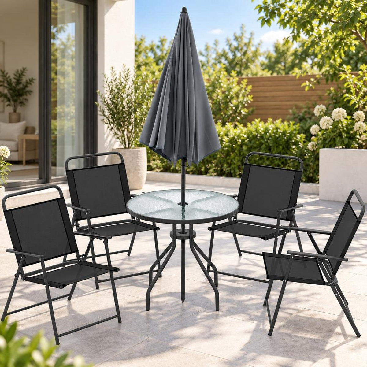 Airfind 6 Pieces Patio Dining Set Folding Chairs Glass Table Tilt Umbrella for Garden, 110 lbs Capacity, Steel fabric tempered glass Frame, Grey