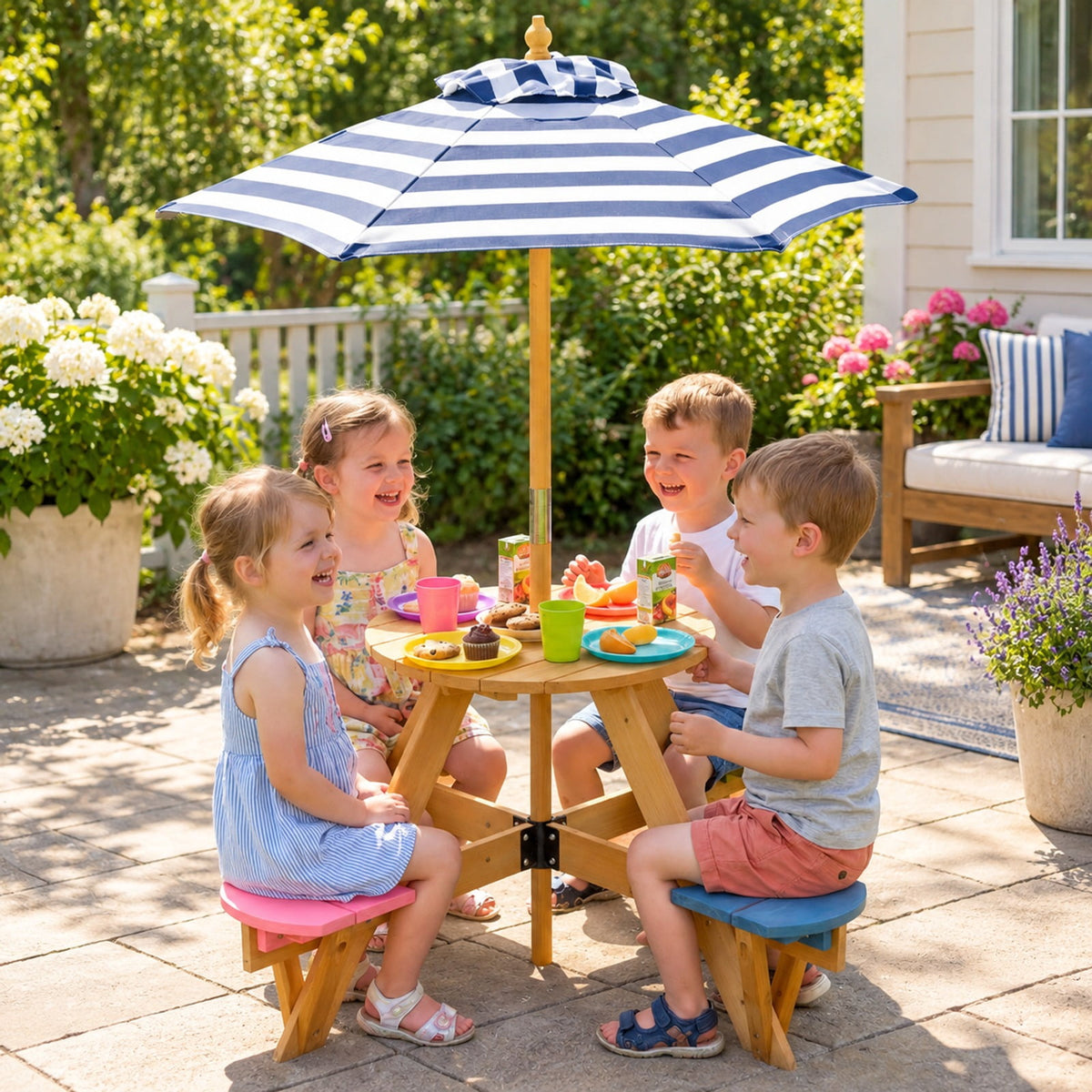 Airfind Kids Picnic Table with Stools and Foldable Adjustable Umbrella for Backyard and Patio, 165 lbs Capacity, Polyester Fabric Frame, Blue