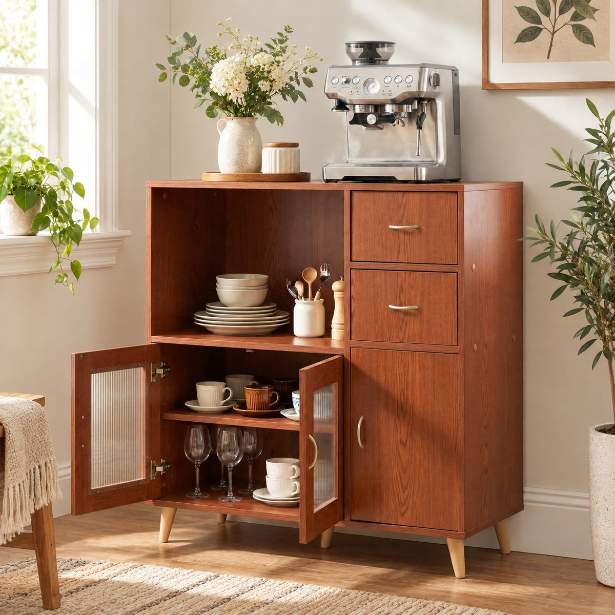 Airfind 36 Inch Sideboard Buffet Cabinet with Open Compartment, 125 lbs Capacity, Engineered Wood PC Frame, 36in × 16in × 35.5in Footprint, Brown