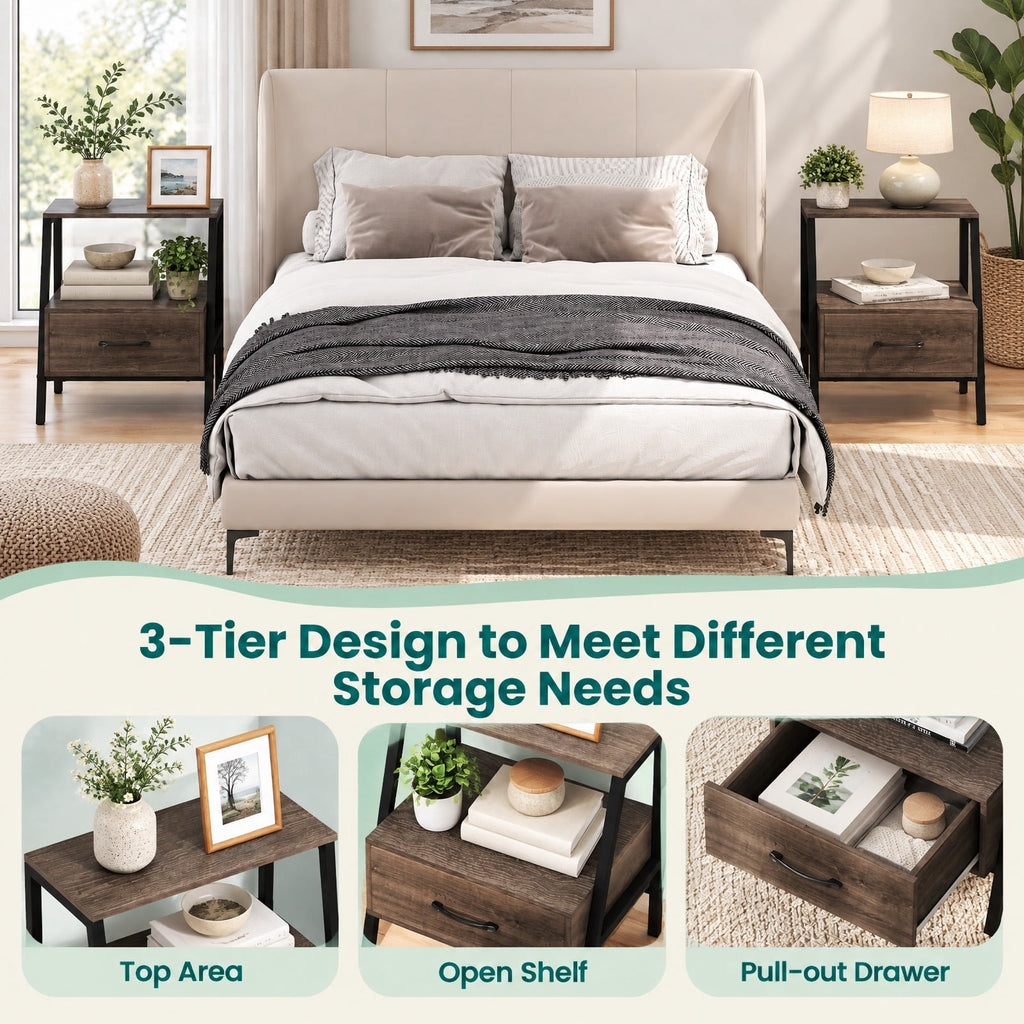 Airfind Farmhouse Nightstand with Drawer and Open Storage, Engineered Wood and Metal End Table for Bedroom and Living Room, Gray