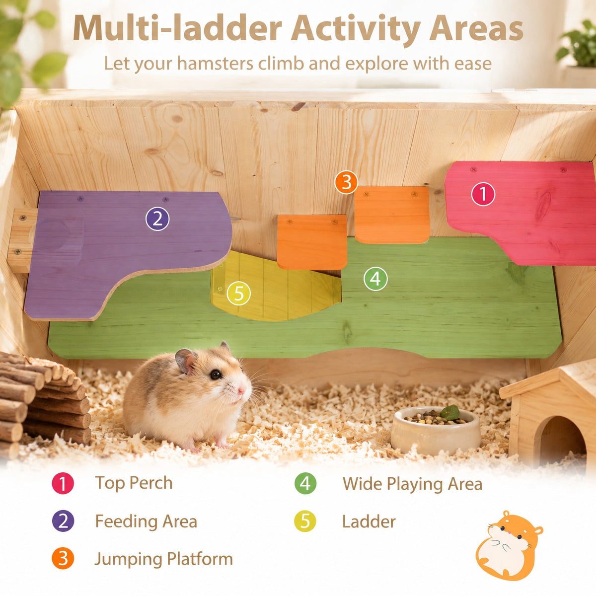 Airfind Wooden Hamster Cage with Mesh Flip Roof, Fir Wood Acrylic Frame, 23.5 x 14 x 16.5 Cage Inside Footprint, Natural
