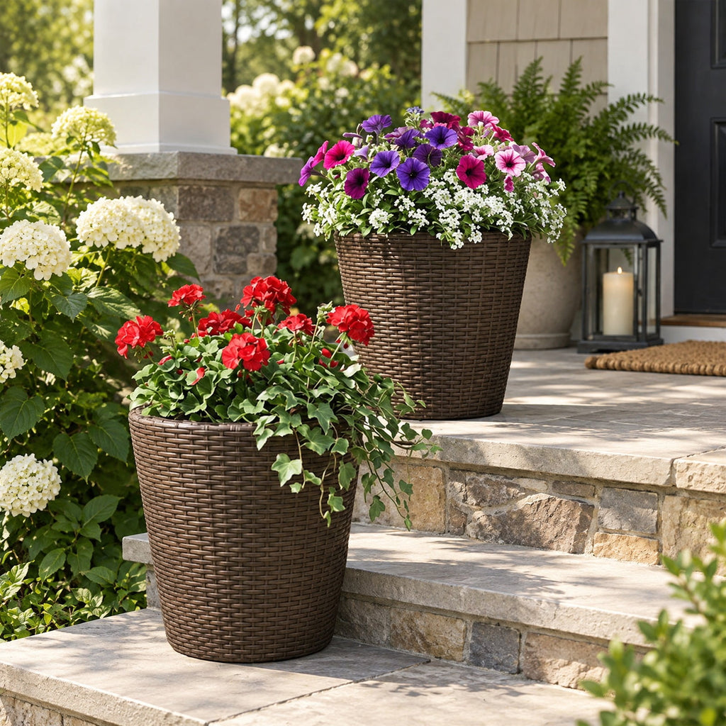 Airfind Set of 2 Plastic Taper Rattan Planters with Drainage Holes and Saucers, PP Frame, 15 x 15 x 15 Footprint, Brown