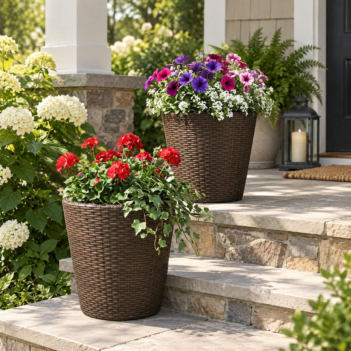 Airfind Set of 2 Plastic Taper Rattan Planters with Drainage Holes and Saucers, PP Frame, 15 x 15 x 15 Footprint, Brown
