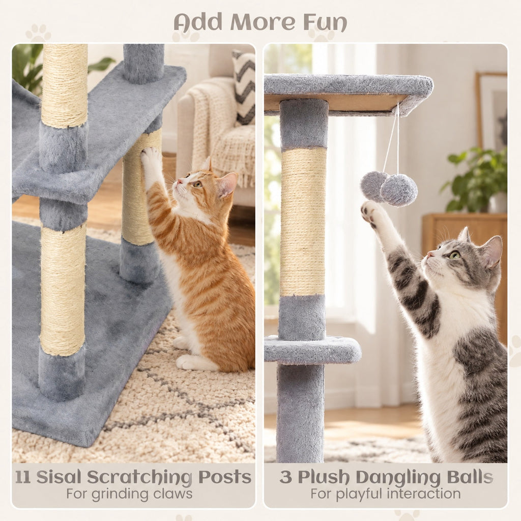Airfind 80 Inches Tall Cat Tree with 2 Large Condos and Dangling Toys, 33 lbs Capacity, Engineered Board Sisal Plush Fabric Sponge Frame, Light Gray