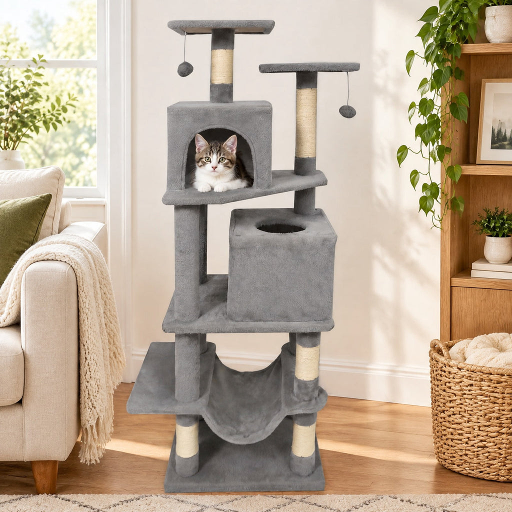 Airfind 57 Inch Cat Tree with Dual Condos and Hammock and 2 Dangling Balls, 29 x 16 Footprint, Light Gray