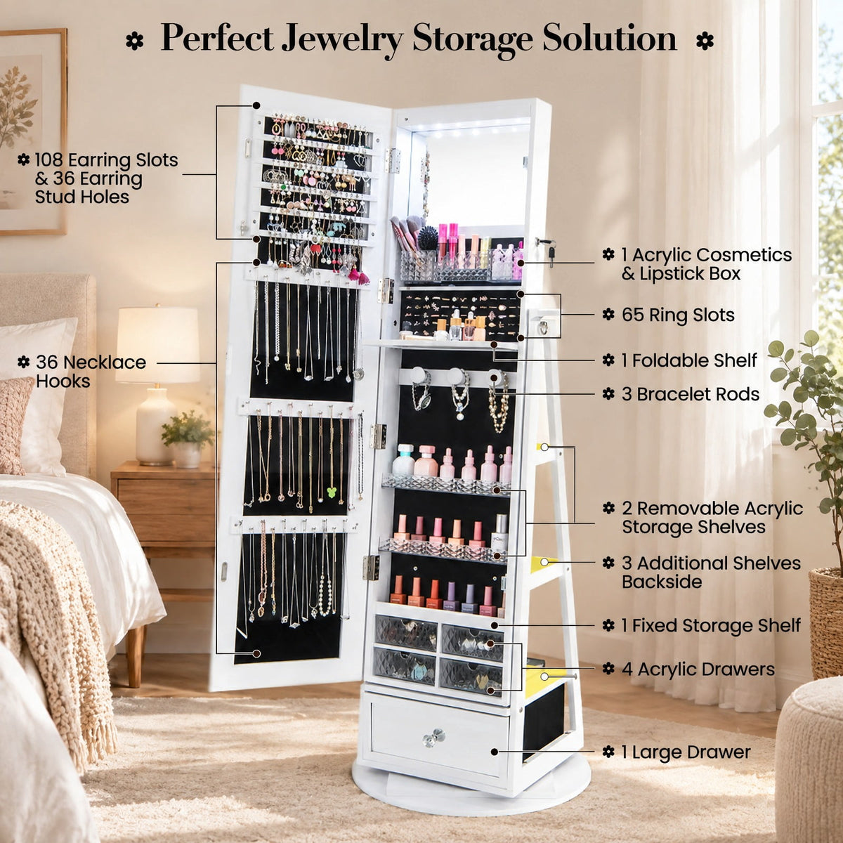 Airfind Lockable 360° Swivel Jewelry Cabinet with Full-Length Mirror LED Lights, MDF Glass Acrylic Frame, 22 Inch x 64.5 Inch External Footprint, White
