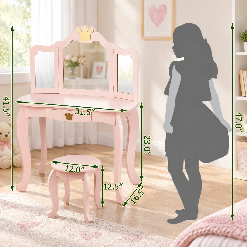 Airfind Kids Makeup Dressing Table with Tri-folding Mirror and Stool, 33 lbs Capacity, MDF pine Frame, 31.5in x 16.5in x 41.5in Footprint, Pink