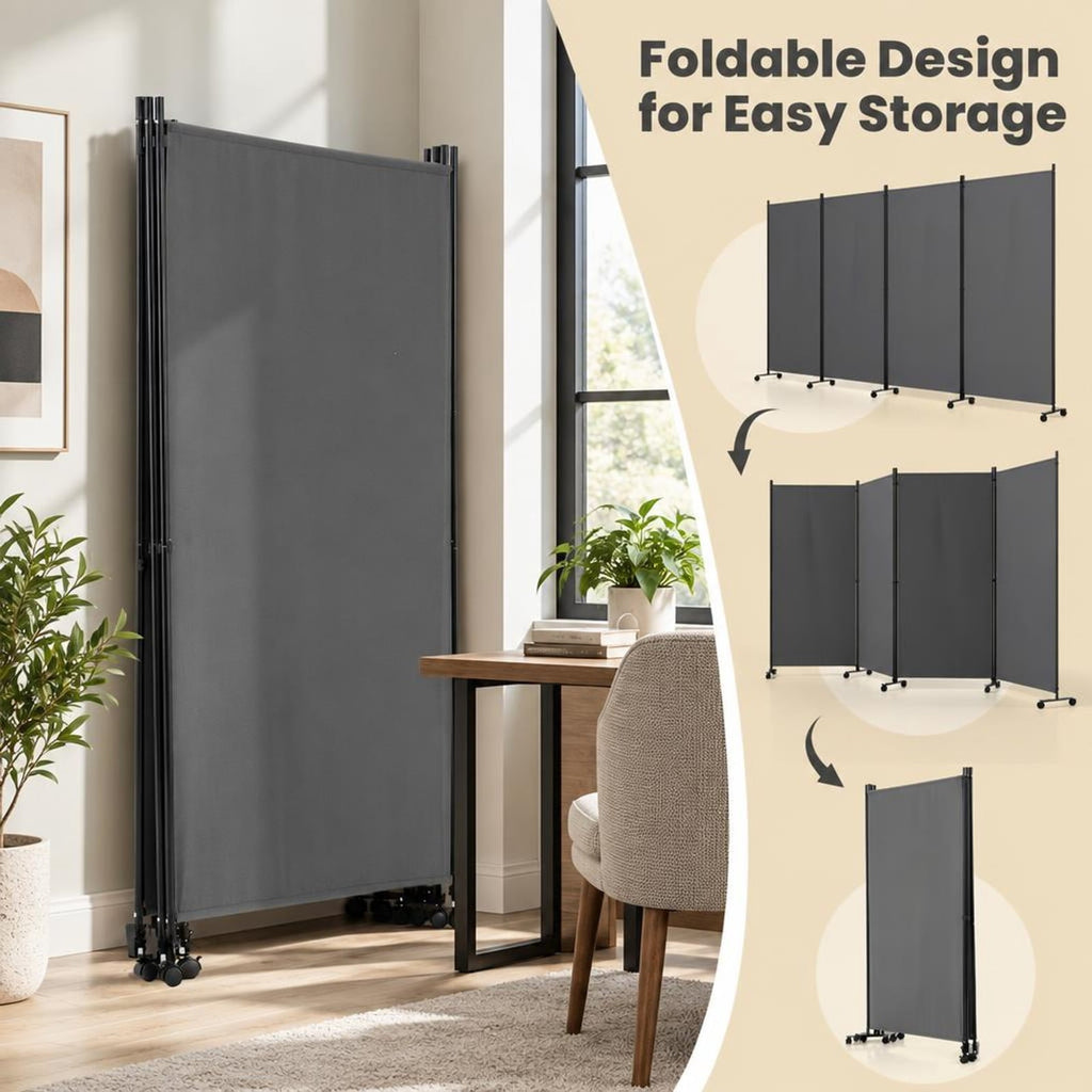Airfind 4 Panel Folding Privacy Screen Room Divider with Wheels, Polyester Fabric Metal PP Frame, 137 x 12 x 71.5 Footprint, Grey