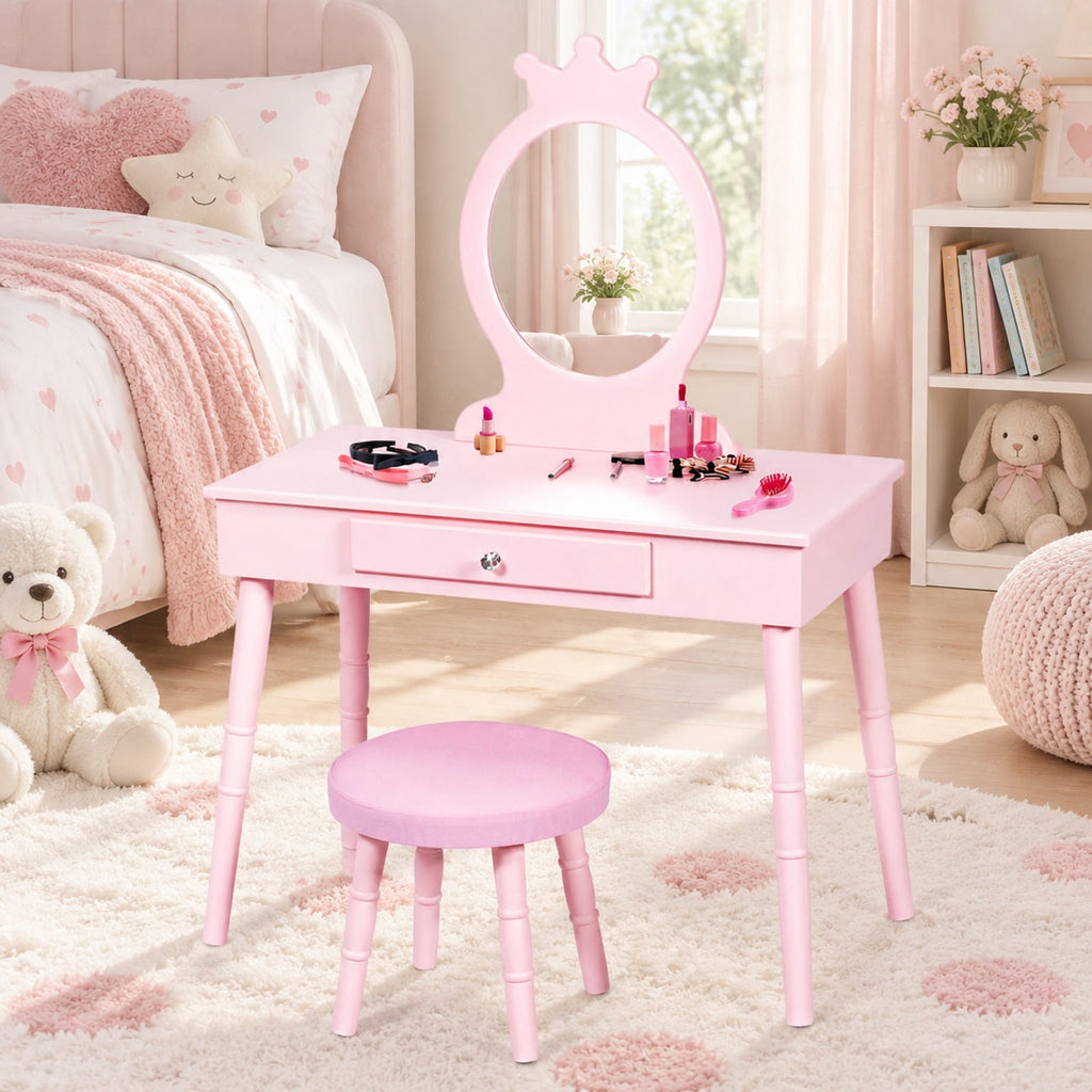 Airfind Kids Vanity Makeup Table and Chair Set Make Up Stool, 33 lbs Capacity, MDF pine wood Frame, 27.5 Inch x 13.5 Inch x 40 Inch Footprint, Pink