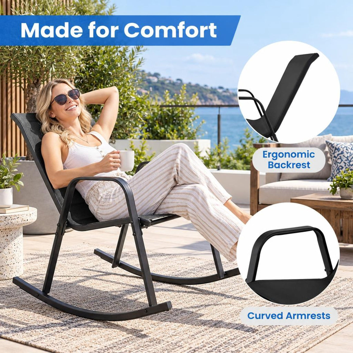 Airfind Set of 2 Metal Patio Rocking Chair with Breathable Seat Fabric, 330 lbs Capacity, Fabric Metal Frame, Black