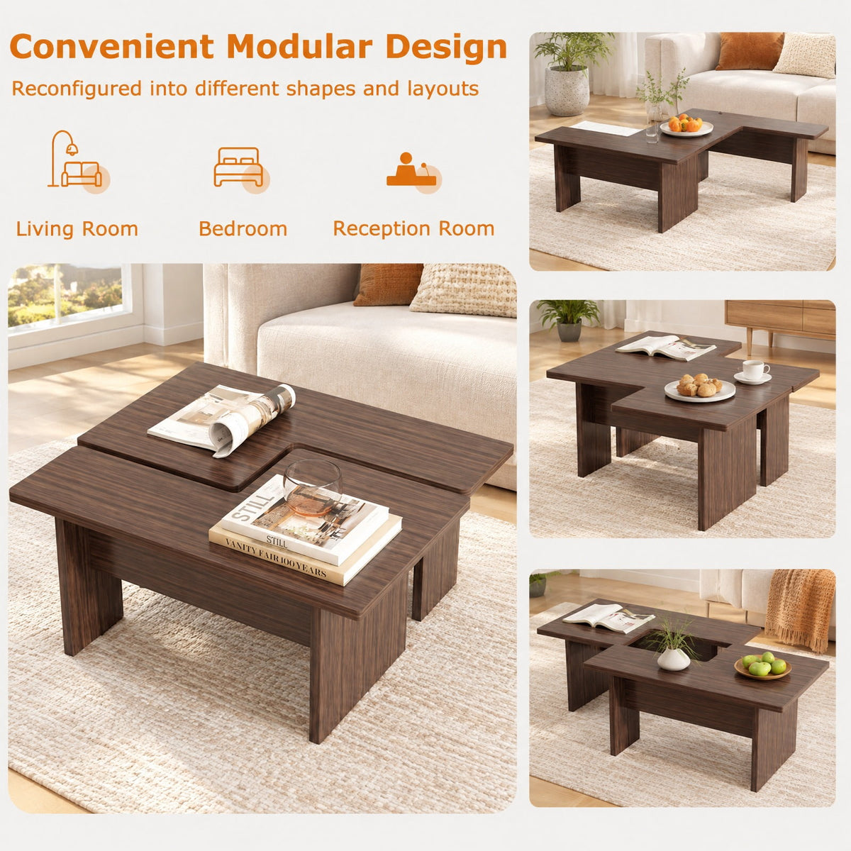 Airfind Modular Coffee Table Set of 2 Featuring L-shaped Layout and 155 Lb Capacity for Living Room and Small Spaces Practical Everyday Design, Walnut