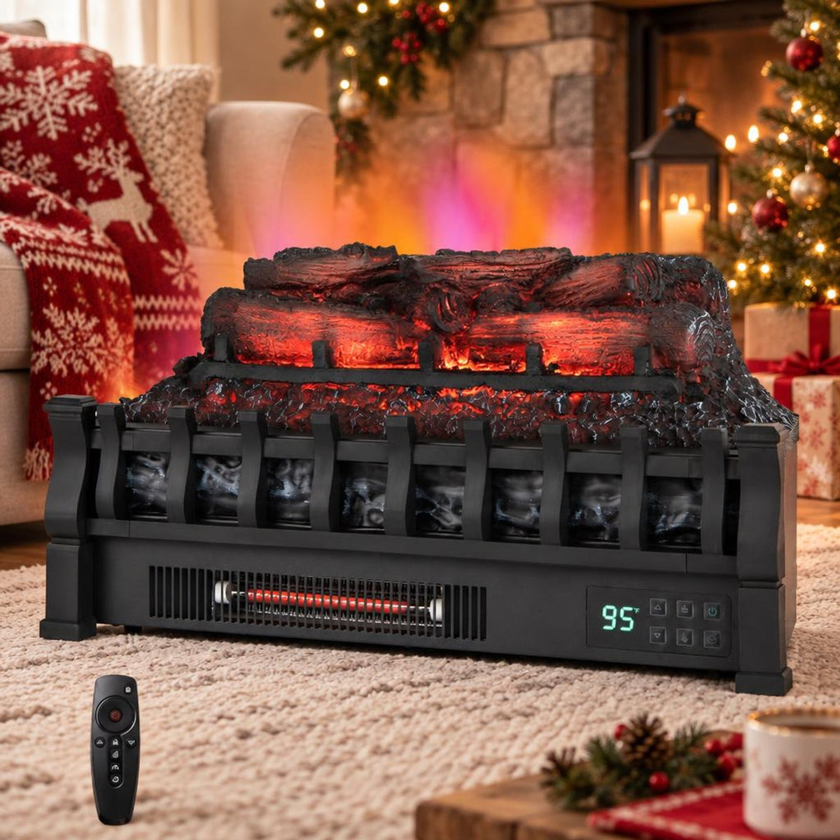 Airfind 23 Inch Infrared Quartz Electric Fireplace Pinewood Log Heater with Adjustable Flame, Metal ABS Resin Frame, Black