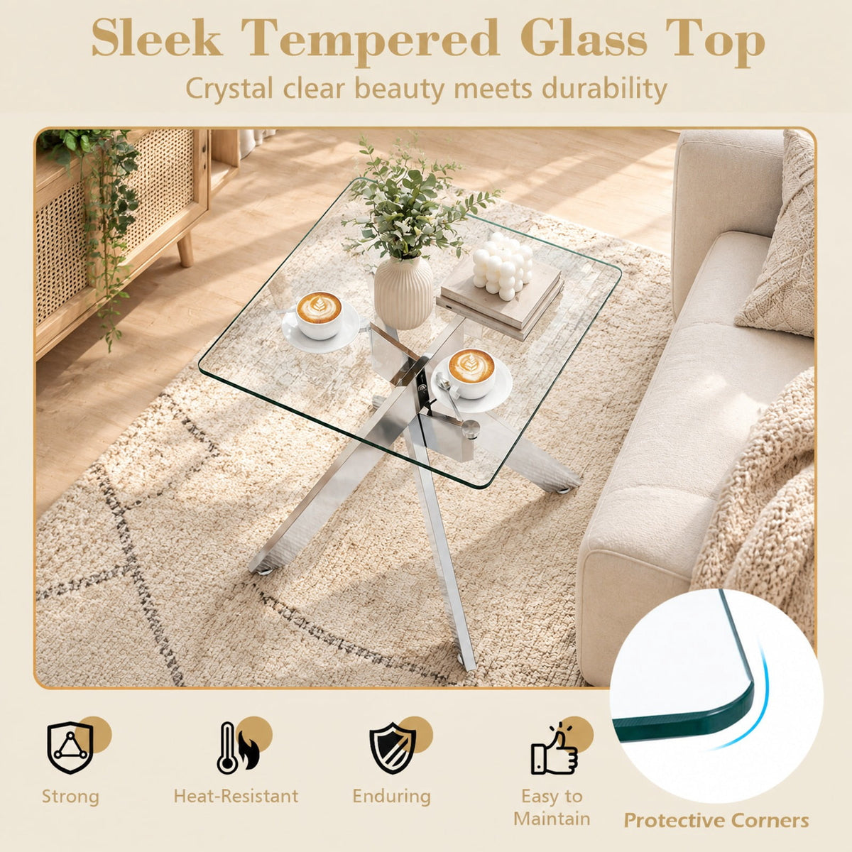 Airfind Glass Side Table Square End Table with Tempered Glass Top and Metal X Base, 20 Inch x 20 Inch x 22.5 Inch Load Footprint, Silver