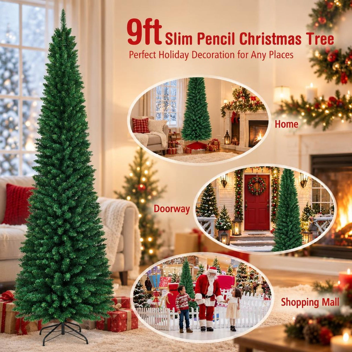 Airfind PVC Artificial Slim Pencil Christmas Tree-9 Feet, PVC iron 5 Ft: Frame, 2ft x 5ft Footprint, Green