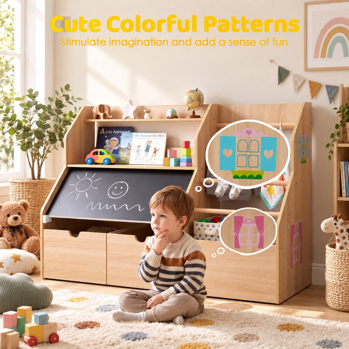 Airfind Kids Toy Storage Organizer with Flip-up Blackboard, Engineered Wood Pine Wood Frame, for 3+ Years Old, 41 Inch x 16 Inch x 28 Inch Footprint, Natural